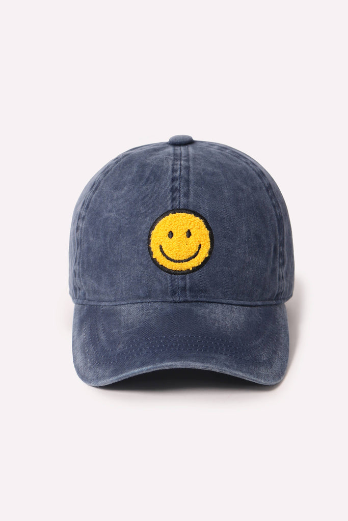 Chenille Smiley Face Baseball Cap in Denim